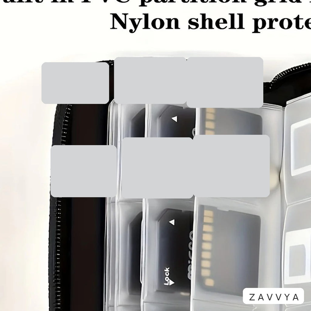 Open black memory-card wallet with clear fan-blade pages