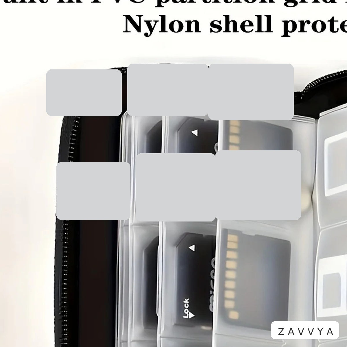 Open black memory-card wallet with clear fan-blade pages