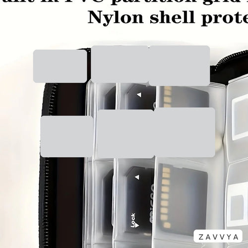 Open black memory-card wallet with clear fan-blade pages