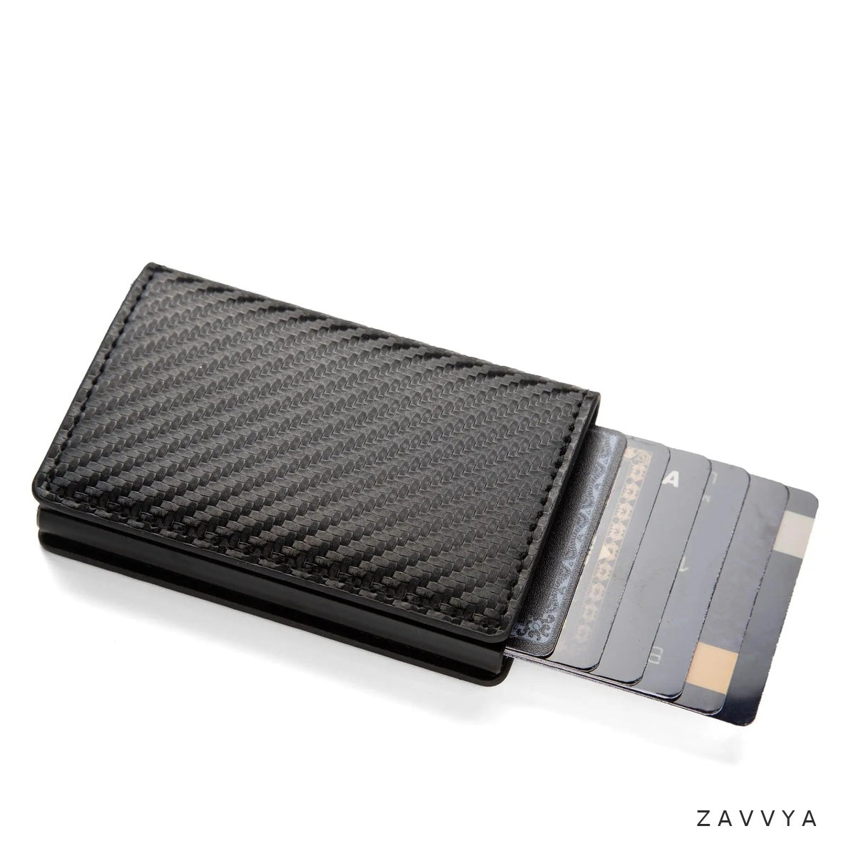 Carbon-black pop-up card holder with stepped cards