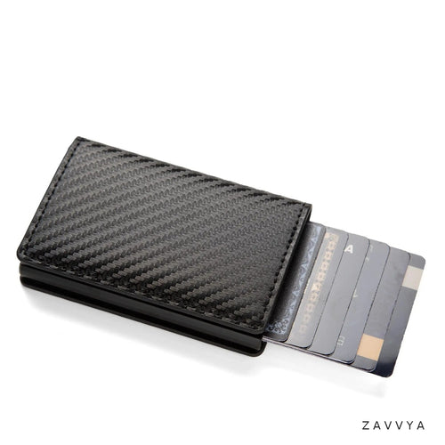 Carbon-black pop-up card holder with stepped cards