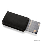 Black textured pop-up card holder with stepped cards