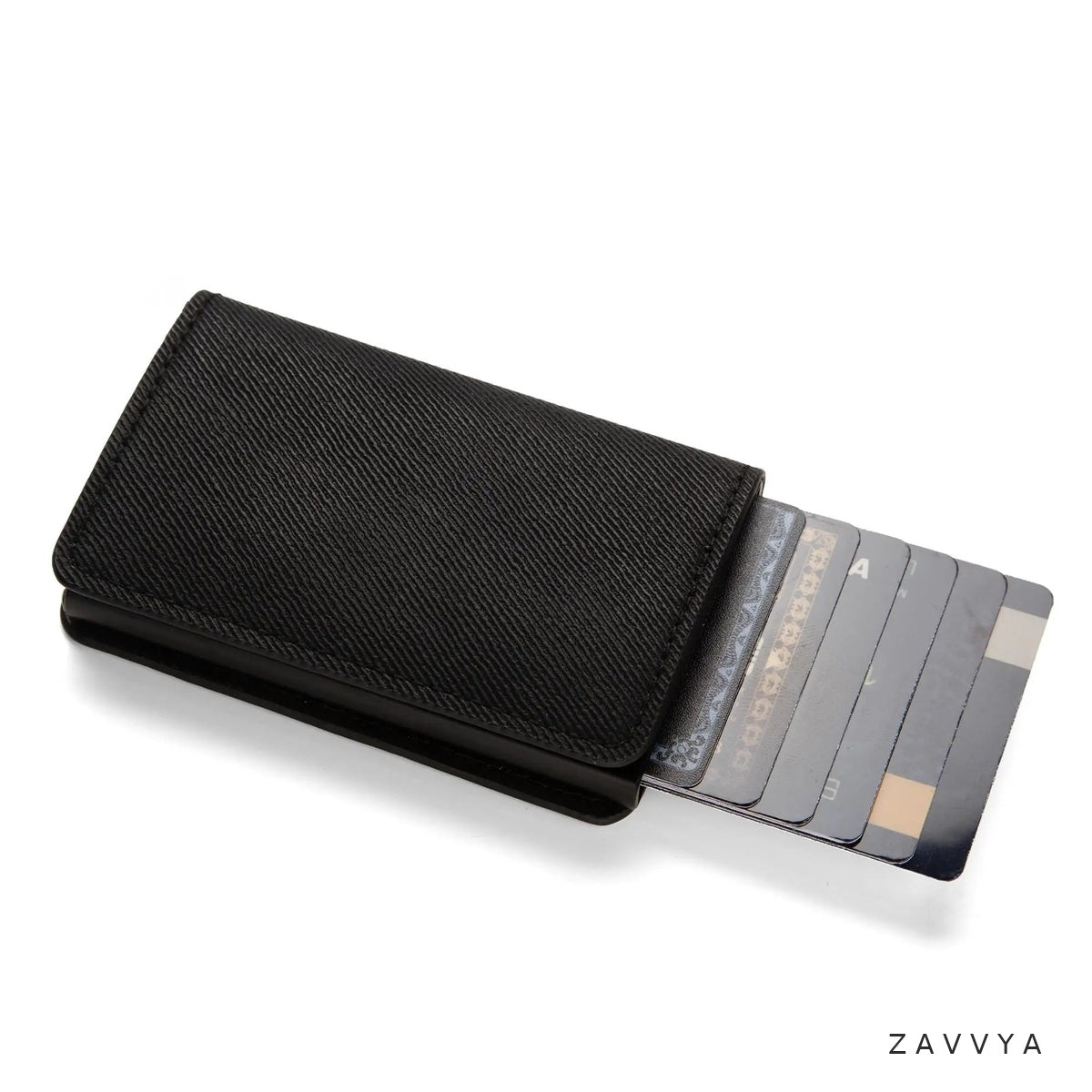 Black textured pop-up card holder with stepped cards