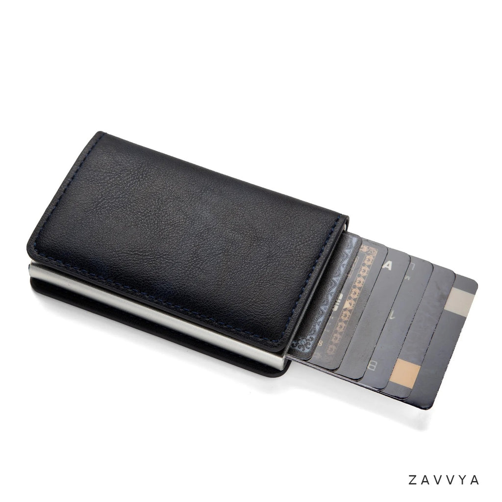 Black smooth pop-up card holder with stepped cards