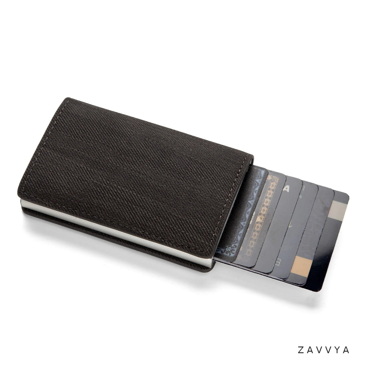 Black pop-up card holder from an alternate angle