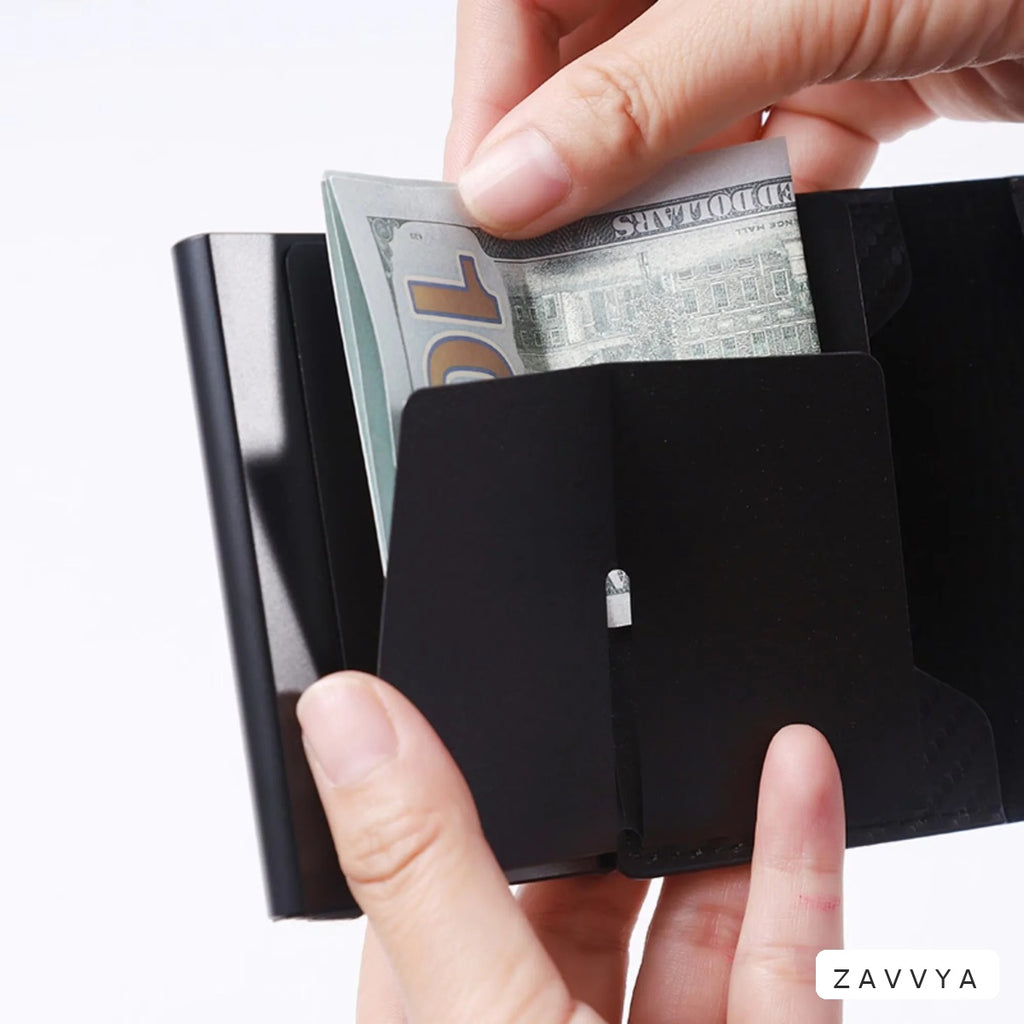 Back flap and rear pocket of the pop-up card holder in use