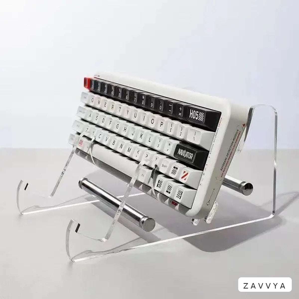 Single-tier clear acrylic stand holding a keyboard