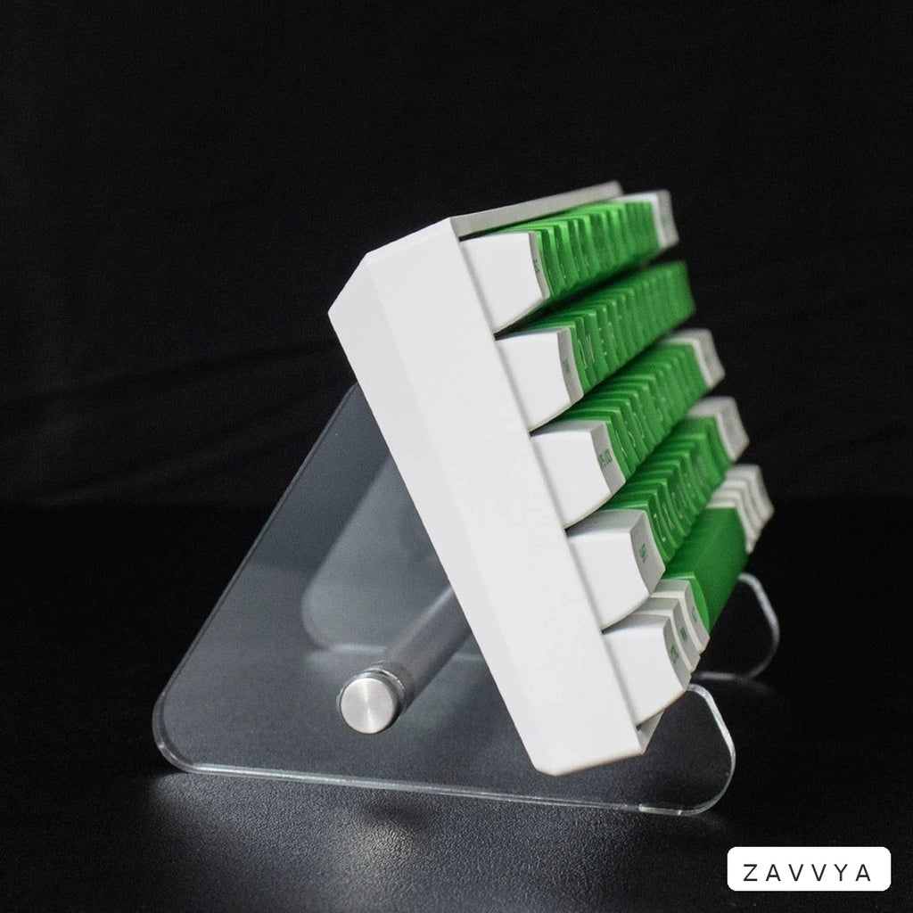 Side view of a keyboard on the clear acrylic stand