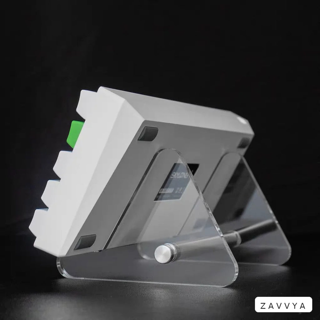 Rear view showing clear acrylic side plate and metal rod construction