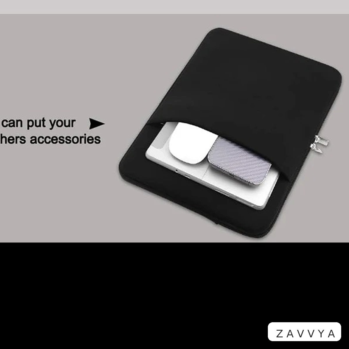 Large vertical front pocket on the black laptop sleeve
