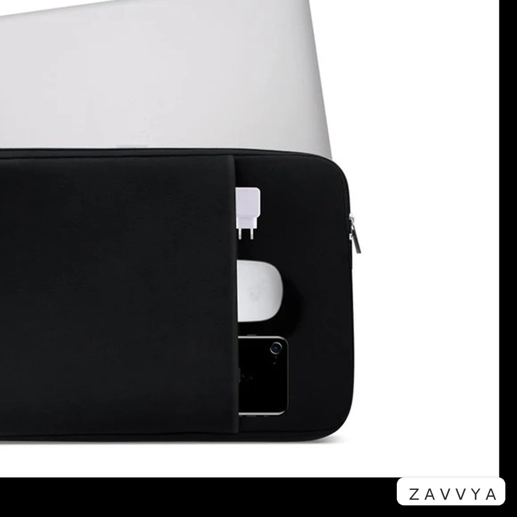 Black laptop sleeve in a relative-scale flat lay