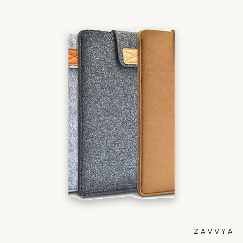 Dark grey top-loading felt sleeve with narrow tab closure