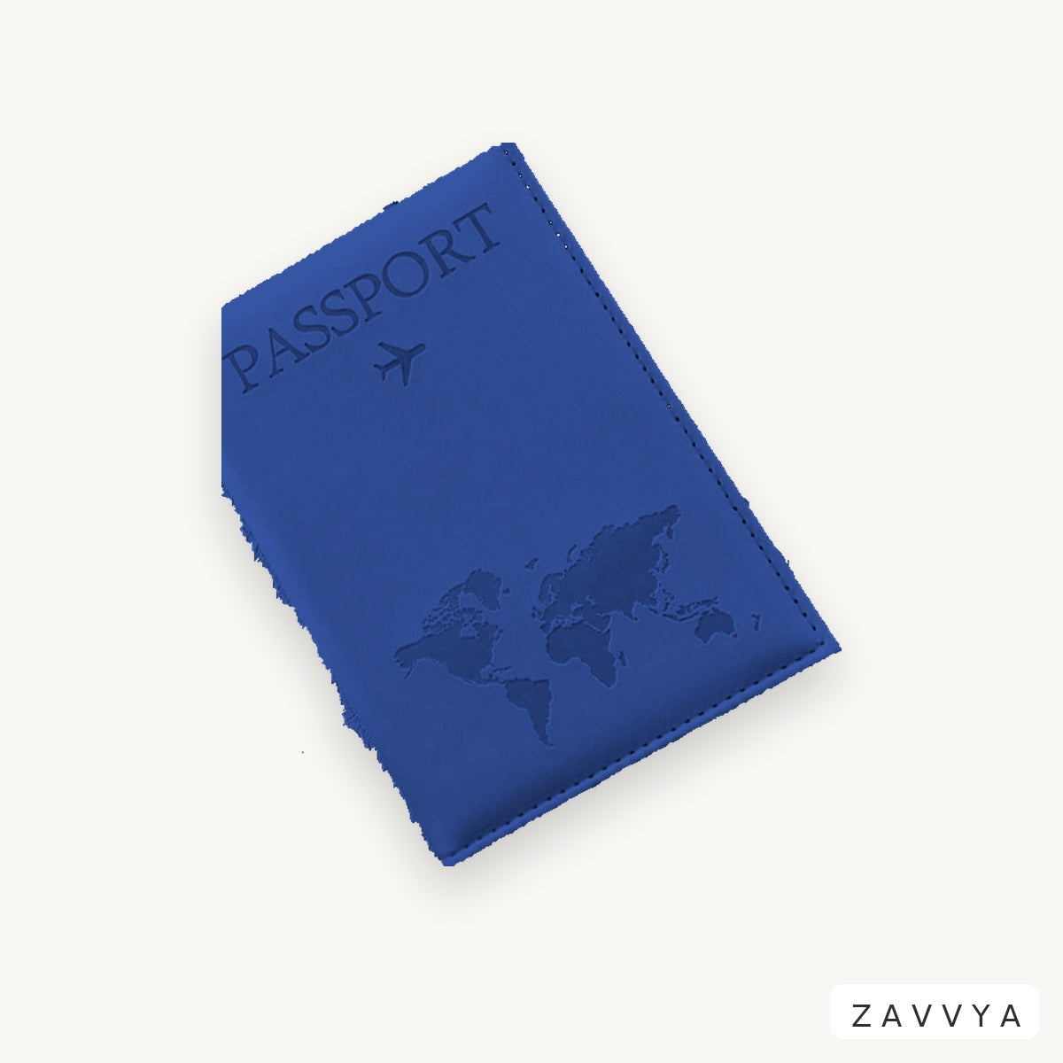 Deep blue ZAVVYA Transit Folio passport cover with embossed passport and world-map motif