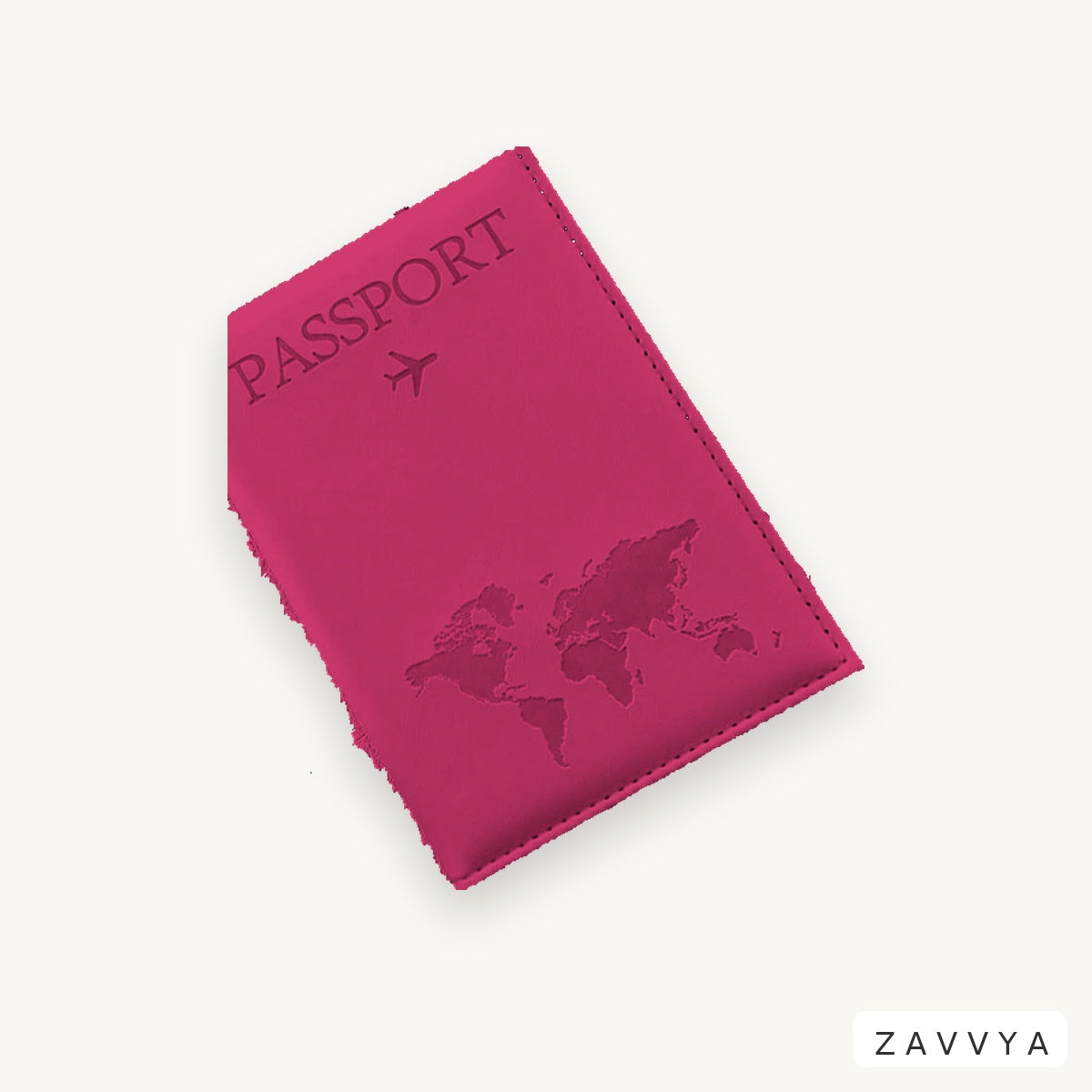 Rose red ZAVVYA Transit Folio passport cover with embossed passport and world-map motif