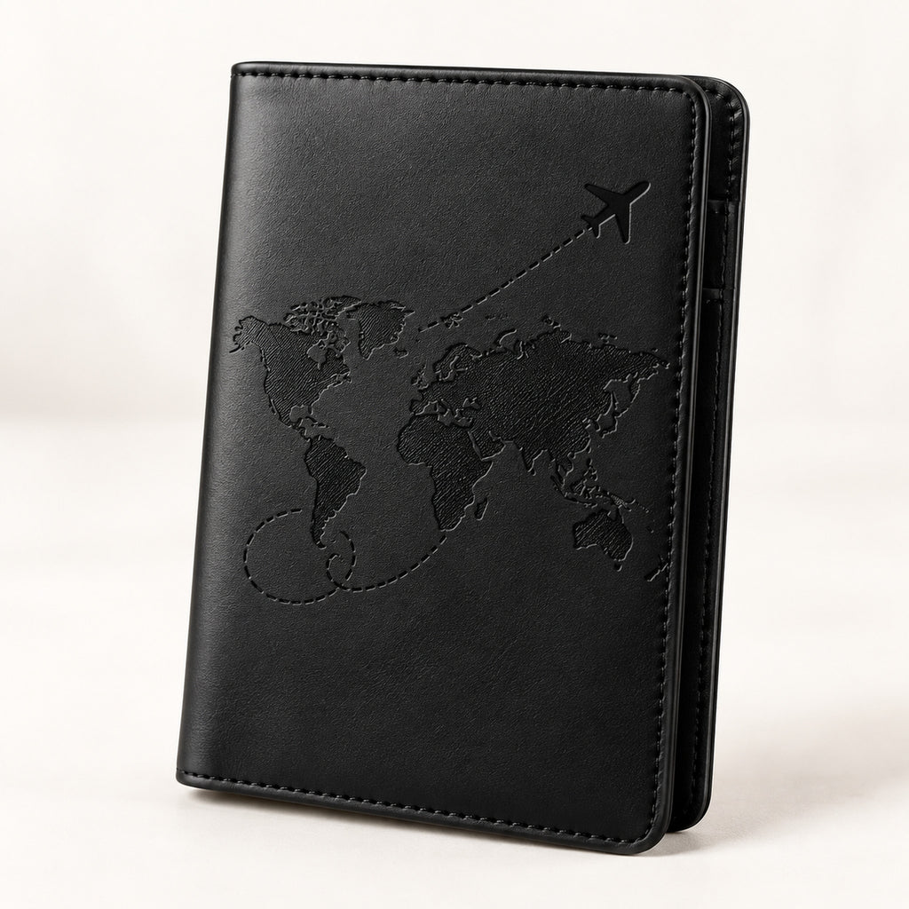 Black passport cover with embossed world-map motif on a white background